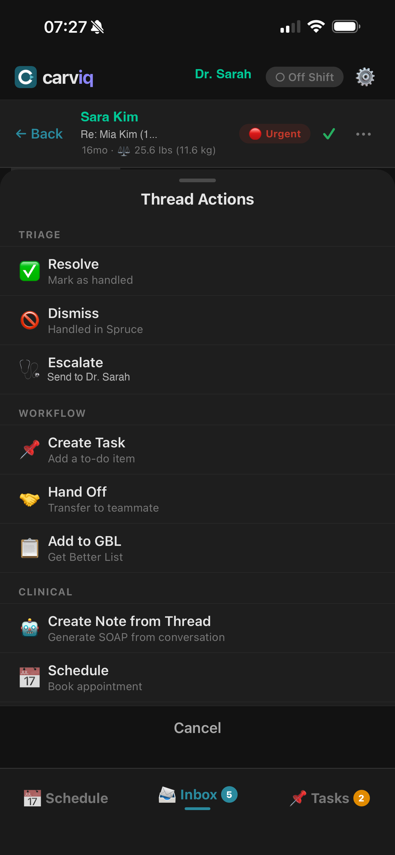 Carviq Pro — clinical thread with AI actions